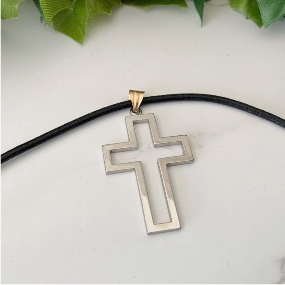 Stainless Steel Open Cross Pendant on 17” Black Cord